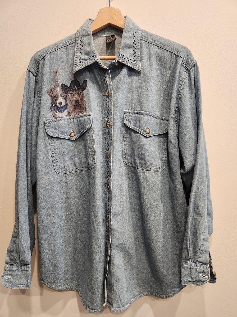 Light Blue Denim Women's Shirt with Dog Embroidery
